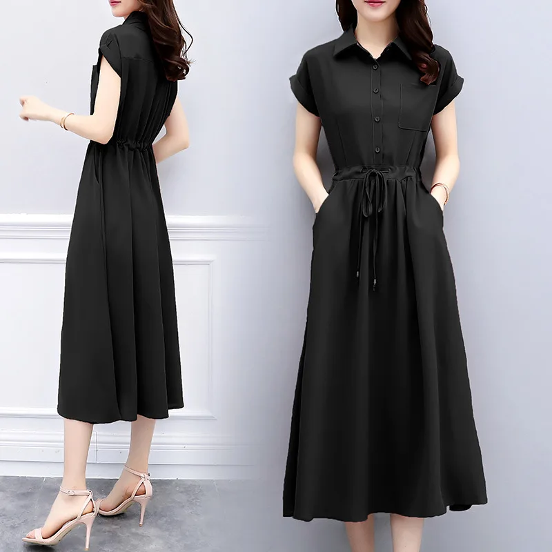 

2021 summer new waist slimming long skirt women's skirt fashion temperament simple black shirt dress