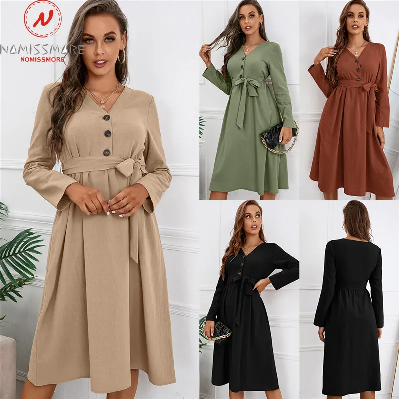 Elegant Women Solid Color A-Line Dress Single-Breasted Design Bandage Decor V-Neck High Waist Spring Autumn Slim Dress
Elegant Women Solid Color A-Line Dress Single-Breasted Design Bandage Decor V-Neck High Waist Spring Autumn Slim Dress