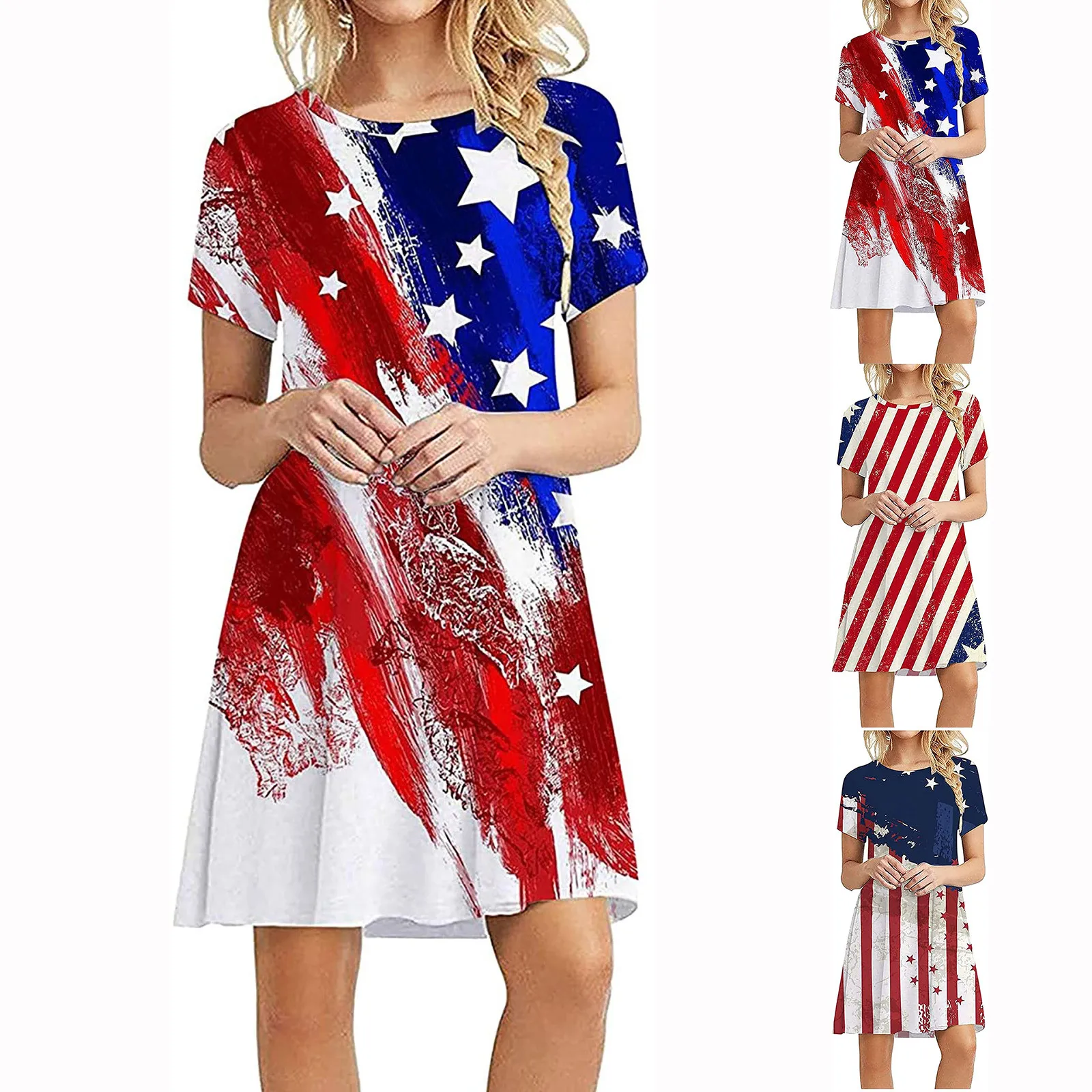 Women Casual Dress V-neck Short Sleeve Summer Stripe Print Knee-length Dress For Beach Streetwear Casual Independence Day Dress
Women Casual Dress V-neck Short Sleeve Summer Stripe Print Knee-length Dress For Beach Streetwear Casual Independence Day Dress