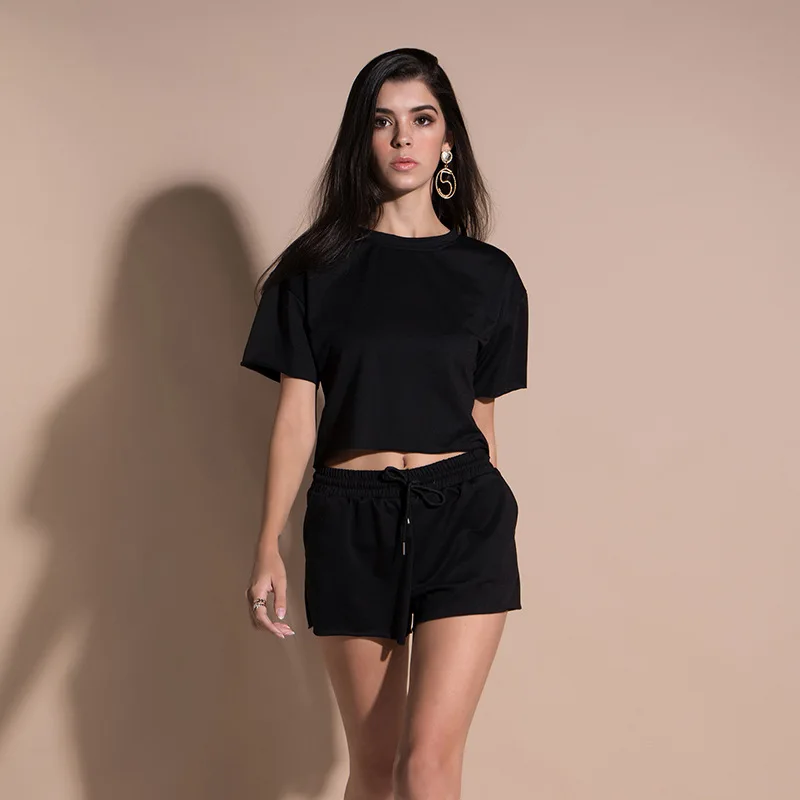 Womens Casual Suits Solid Color Short Sleeved with Round Neck Shorts Two-Piece Set Two Piece Set Black Tops and Shorts
Womens Casual Suits Solid Color Short Sleeved with Round Neck Shorts Two-Piece Set Two Piece Set Black Tops and Shorts