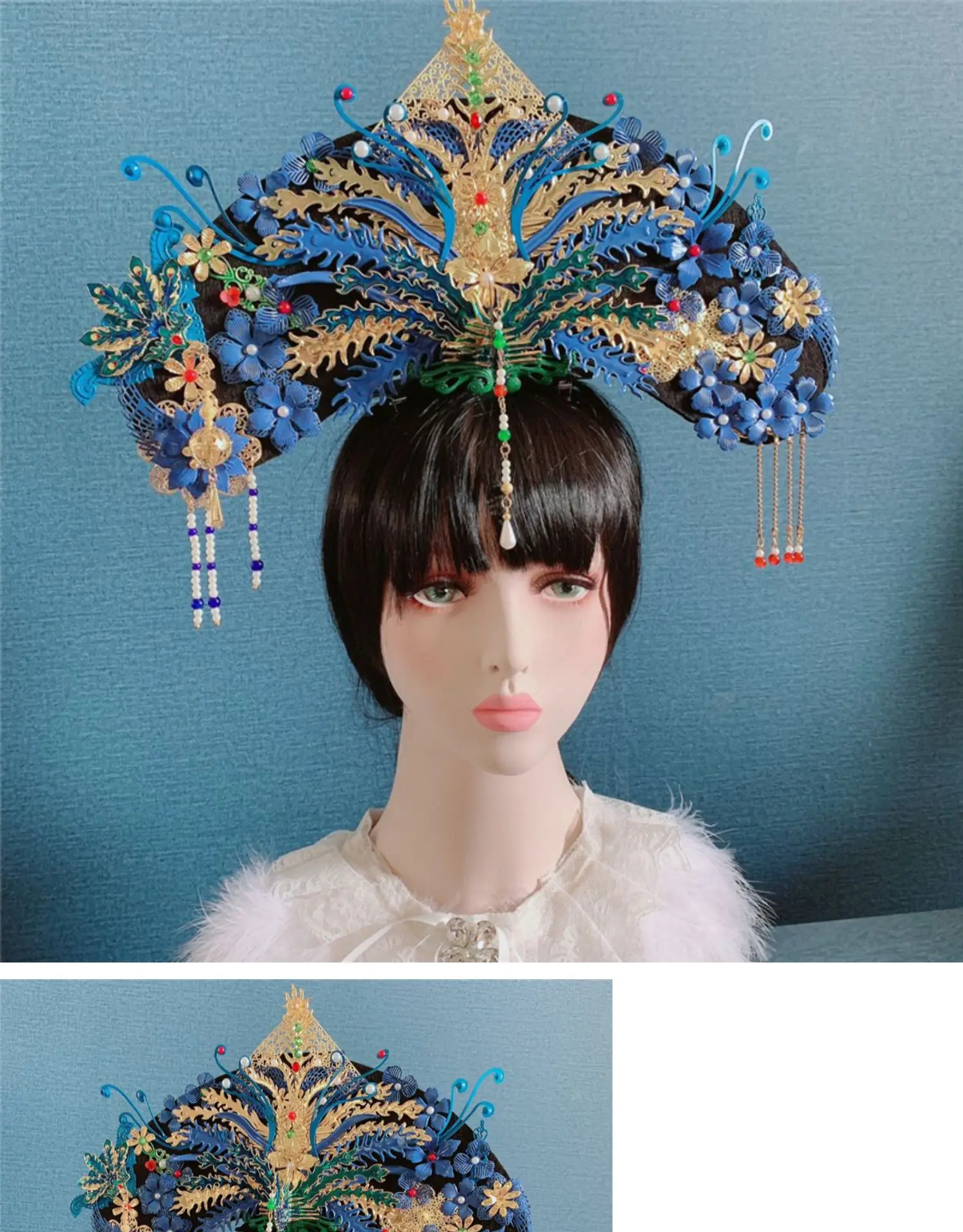 

Gorgeous ancient headdress Manchu flag head Ethnic original hand-made Royal Cloisonne hair ornament Qing Dynasty palace hat