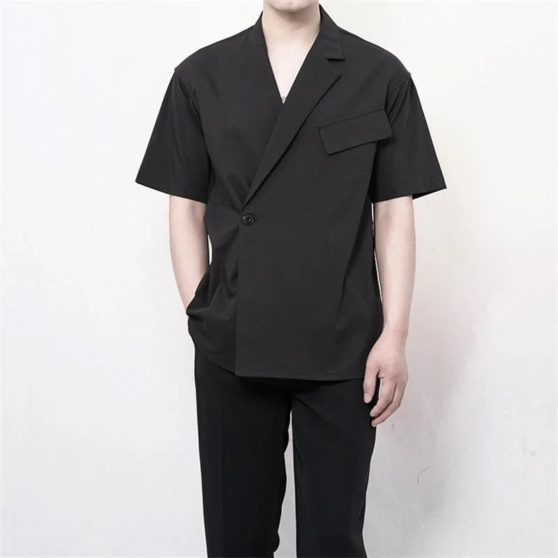 

men's 2021 Yamamoto style dark black large asymmetric irregular black short sleeve shirt