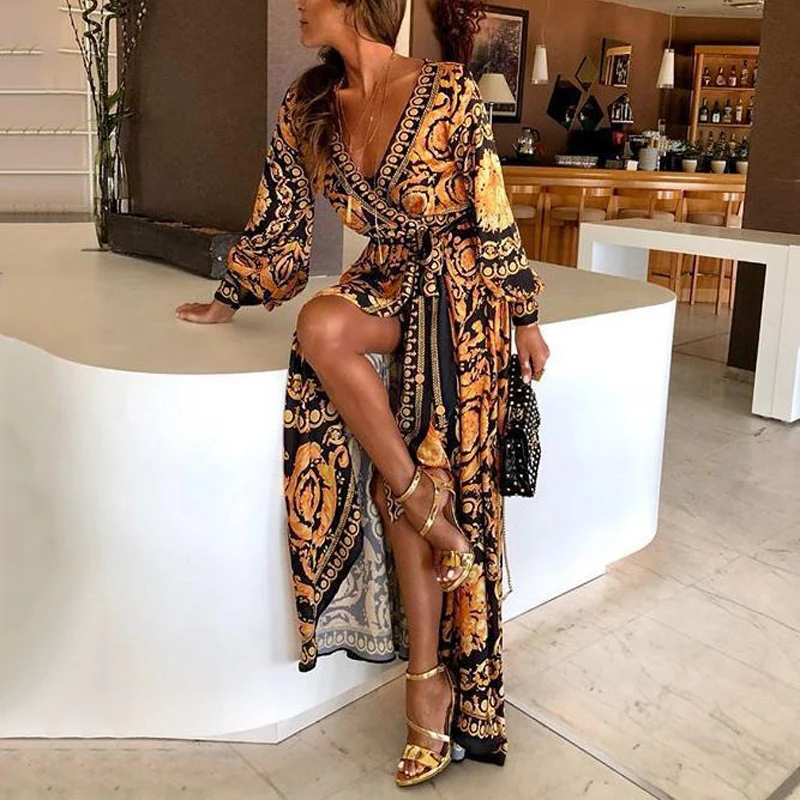 Women Boho Printed V Neck Chiffon Long Dress Lady Summer Beach Casual Loose Long Sleeve Maxi Dress 
Women Boho Printed V Neck Chiffon Long Dress Lady Summer Beach Casual Loose Long Sleeve Maxi Dress