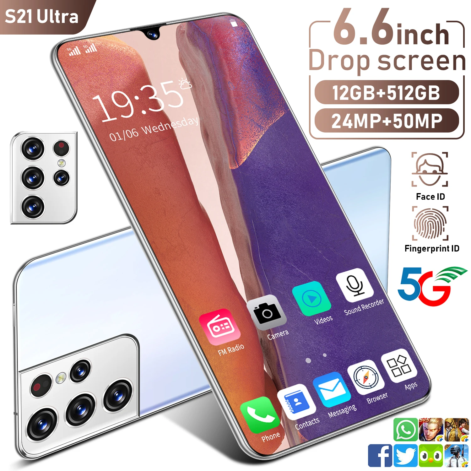 2021 Hot Sale S21 Ultra 6.6 Inch Drop Screen 12+512GB 6000MAH Smartphone Face ID 10Core Global 5G Bands 24+50MP Dual SIM Andriod
2021 Hot Sale S21 Ultra 6.6 Inch Drop Screen 12+512GB 6000MAH Smartphone Face ID 10Core Global 5G Bands 24+50MP Dual SIM Andriod