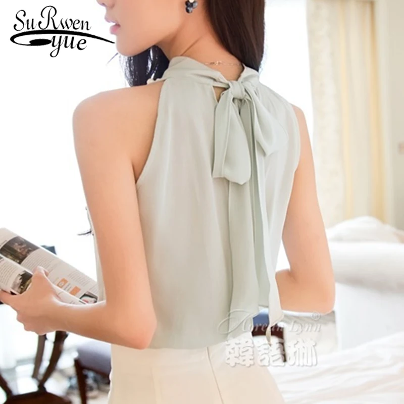 новый без рукавов женщин корейских бисером блузка моды водолазку шифон блузки