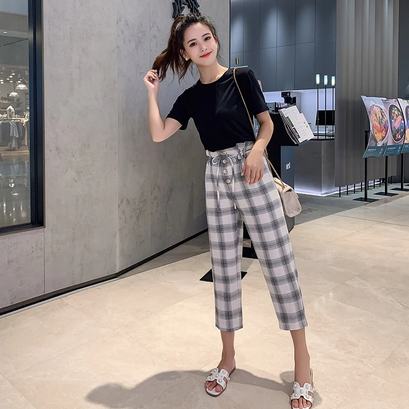 Women's Set Black Short Sleeve T Shirt And Long Check Pants Set 2 Piece Sets Womens Outfits Clothes Two Piece Sets
Women's Set Black Short Sleeve T Shirt And Long Check Pants Set 2 Piece Sets Womens Outfits Clothes Two Piece Sets