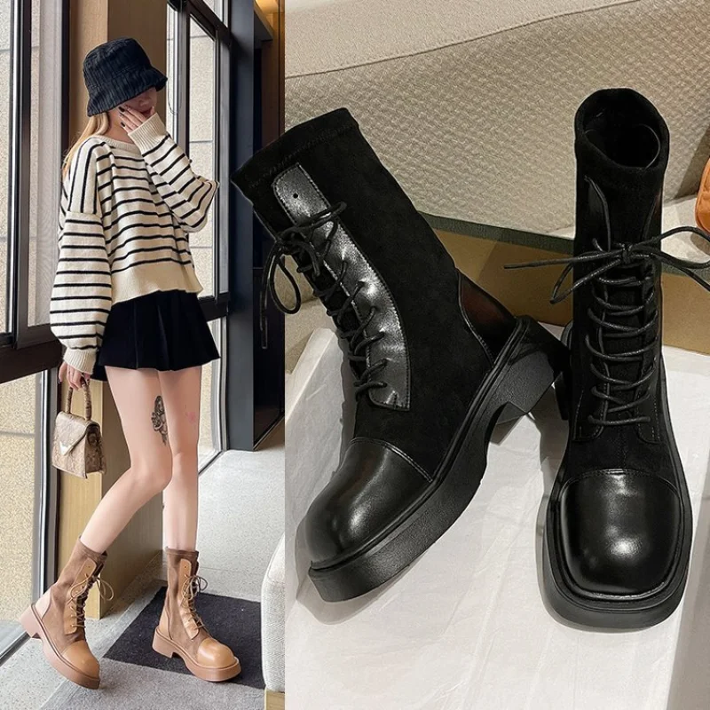 Womens Short Boots 2021 New Autumn and Winter Lace-up Women's Boots Thin Boots Stitching Round Head Elastic Ladies Fashion Boots
Womens Short Boots 2021 New Autumn and Winter Lace-up Women's Boots Thin Boots Stitching Round Head Elastic Ladies Fashion Boots