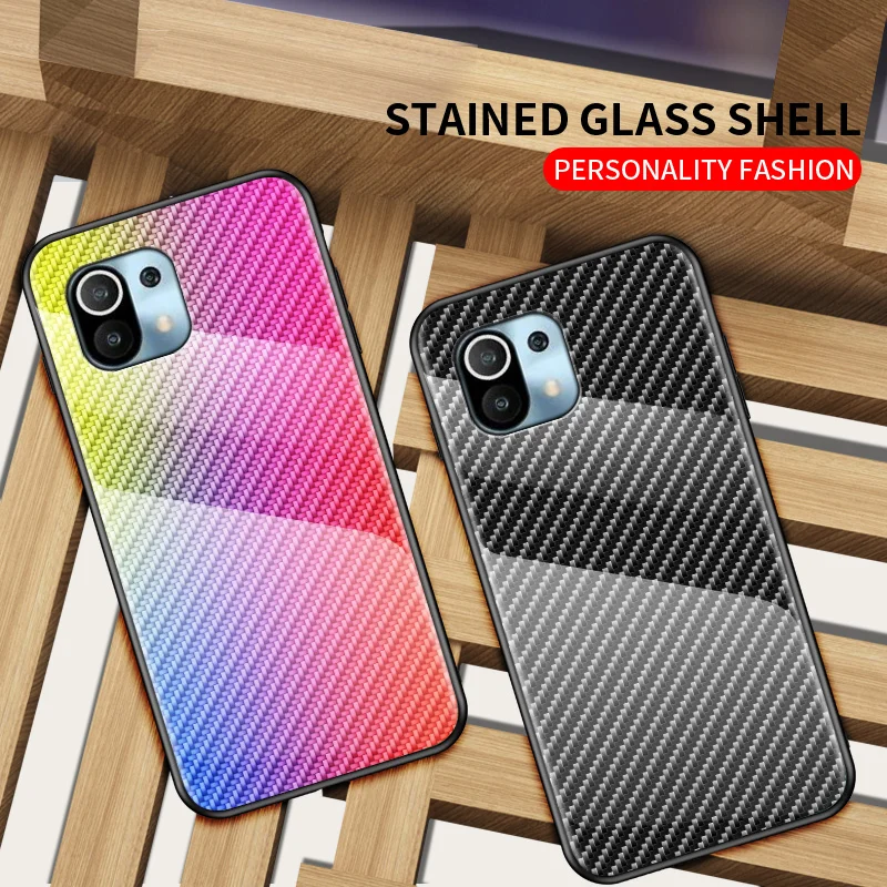 

Carbon fiber glass shell for Xiaomi mi 11 10 Pro 10T Lite 10s Mix 4 2S 2 Poco X3 Pro NFC M3 Play F1 Original Tempered Glass case
