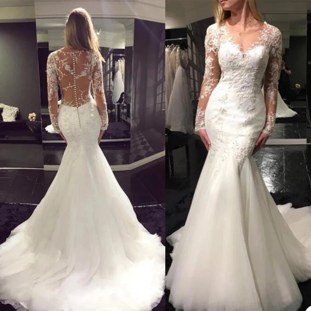2021 Wedding Dresses V Neck Long SLeeves Lace Appliques Bridal Gowns Custom Made Button Back Sweep Train Mermaid Wedding Dress
2021 Wedding Dresses V Neck Long SLeeves Lace Appliques Bridal Gowns Custom Made Button Back Sweep Train Mermaid Wedding Dress