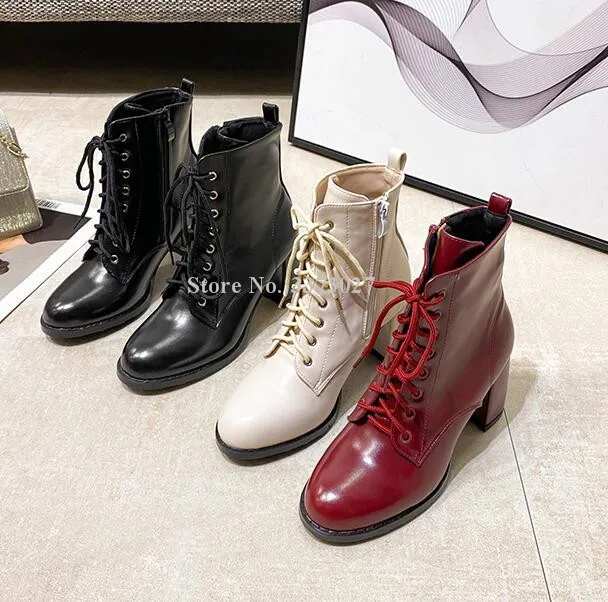 Новинка; Не сужающийся книзу массивный каблук; Женские ботильоны; Модная женская обувь на шнуровке, винно-красного, бежевого и черного цвета... 
Новинка; Не сужающийся книзу массивный каблук; Женские ботильоны; Модная женская обувь на шнуровке, винно-красного, бежевого и черного цвета...