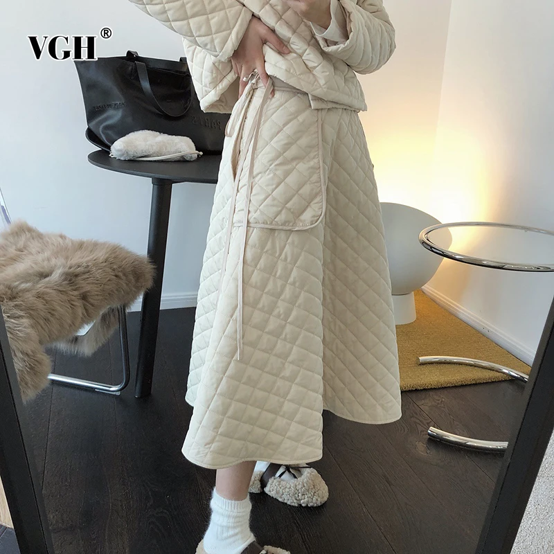 

VGH Splicing Argyle Skirt For Women High Waist Lace Up Bowknot Black Casual Cotton Skirts Female Fashion New Clothing Stylish