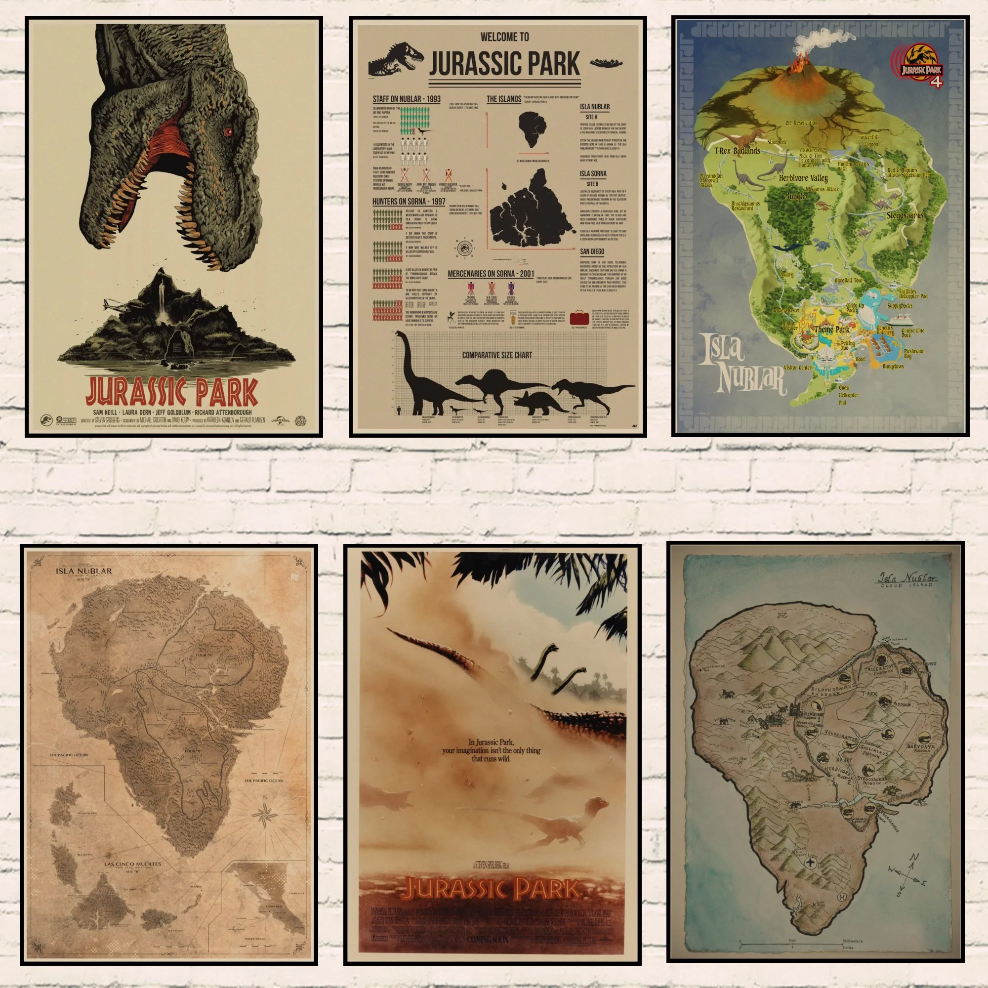 Постеры для фильмов Парк Юрского периода винтажный стиль крафт-бумага принты