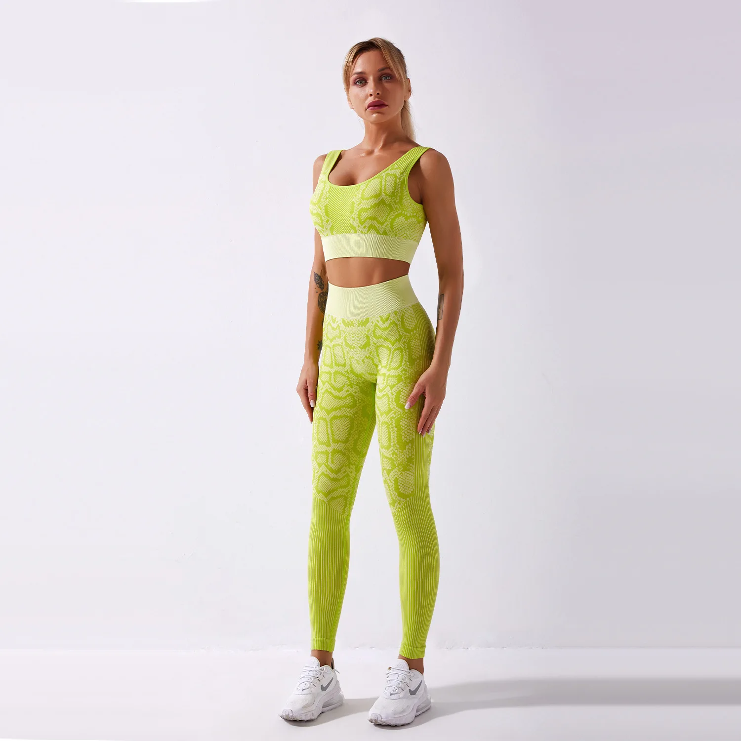 

Snakeskin Print Seamless Yoga Set Fashion Women Fitness Casual Clothe Long Pants+Sport Bra Elastic Tracksuits 2 PCS Summer 2021