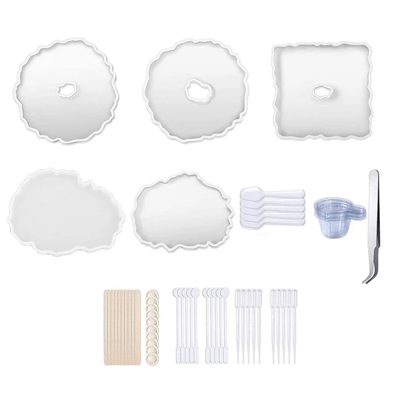 56 Pcs/Set Agate Tray Silicone Mould Crystal Epoxy Resin Mold with Mixing Sticks for DIY Crafts Jewelry Plate Rolling Tray
56 Pcs/Set Agate Tray Silicone Mould Crystal Epoxy Resin Mold with Mixing Sticks for DIY Crafts Jewelry Plate Rolling Tray