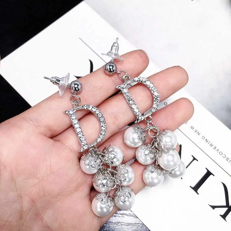 Luxury Brand Long Pearl Drop Earrings For Women Crystal Letter D Earring Female Wedding Fashion Jewelry oorbellen 2020