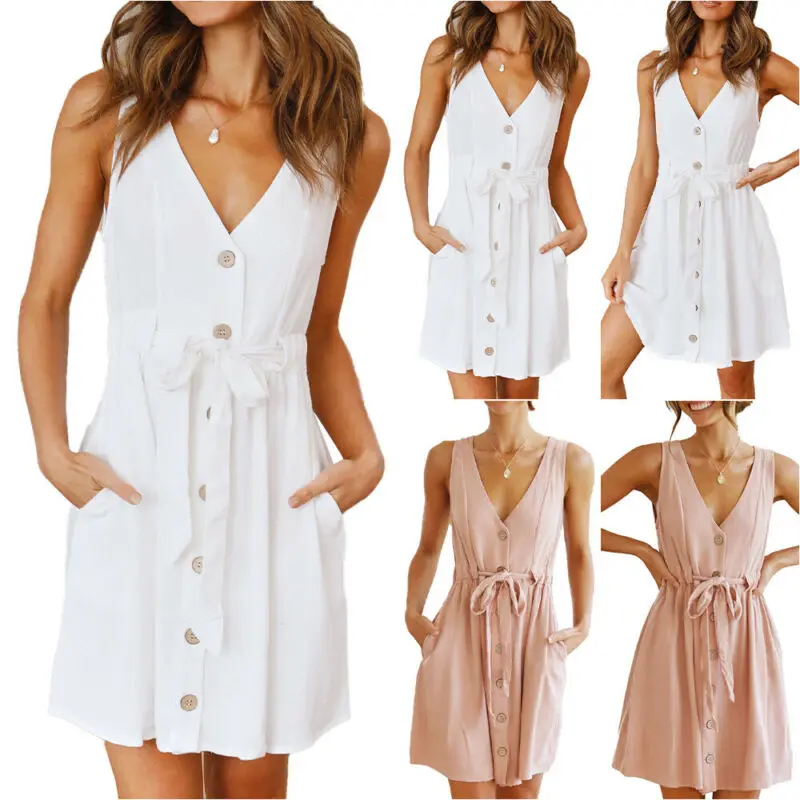 Deep V Button Dress Women Fashion Summer Dress Sleeveless Pocket Drawstring Women's Shirt Dress Solid Beach Tank Dress
Deep V Button Dress Women Fashion Summer Dress Sleeveless Pocket Drawstring Women's Shirt Dress Solid Beach Tank Dress