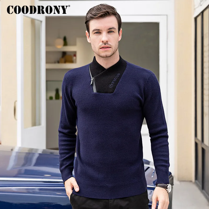 Мужской трикотажный свитер COODRONY Темно Синий Плотный теплый с высоким воротником