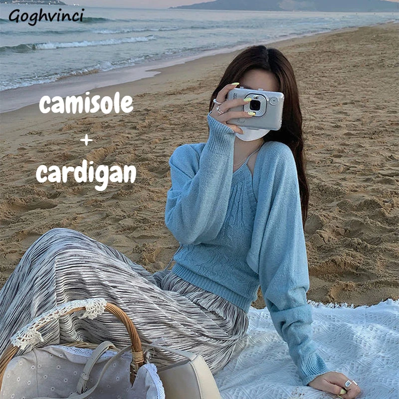 Women Sets Knitted Solid Backless Camisole Cozy Cardigan Beachwear Spring Autumn 2 Pieces Fashion Vintage Harajuku All Match Ins
Women Sets Knitted Solid Backless Camisole Cozy Cardigan Beachwear Spring Autumn 2 Pieces Fashion Vintage Harajuku All Match Ins