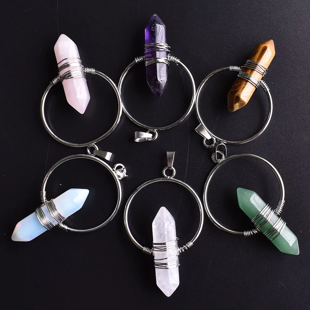 

Natural Stone Healing Pointed Pendant Necklaces Hexagonal Column Circle Winding Wire Bullet Crystal Women Yoga Jewelry 6pcs