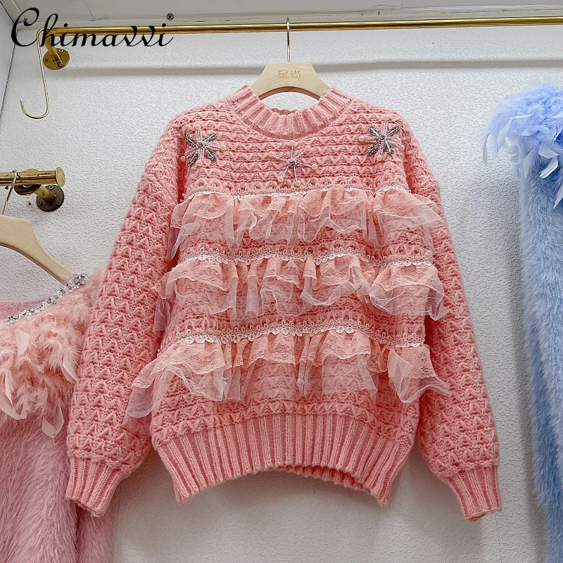 Pink Christmas Sweater Autumn Winter Beads Cake Lace Stitching Loose Jumper Female Long Sleeve Thick Sweet Slipover Sweater
Pink Christmas Sweater Autumn Winter Beads Cake Lace Stitching Loose Jumper Female Long Sleeve Thick Sweet Slipover Sweater