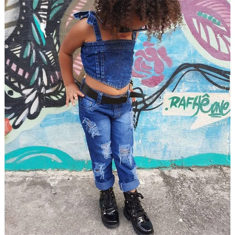 2021 Toddler Girl 2Pcs Summer Outfits Sleeveless Tie Strap Crop Tops + Ripped Denim Pants Set Infants Casual Clothing For 1-6Y
2021 Toddler Girl 2Pcs Summer Outfits Sleeveless Tie Strap Crop Tops + Ripped Denim Pants Set Infants Casual Clothing For 1-6Y