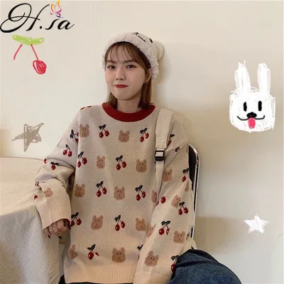 

Hsa Cherry Sweater Female Korean Bear Idle Style Student Versatile Autumn and Winter Thickening Loose-Fitting Outerwear Top 2021