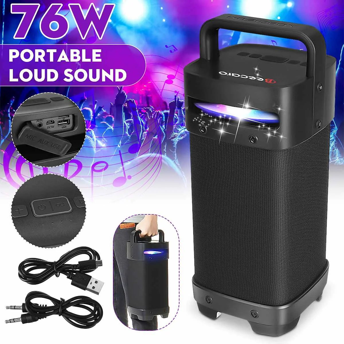 Portable Bluetooth 5.0 tws Speakers 76W Loud Outdoor Speakers with Subwoofer FM Radio LED Lights HIFI Stereo Sound Boombox
Portable Bluetooth 5.0 tws Speakers 76W Loud Outdoor Speakers with Subwoofer FM Radio LED Lights HIFI Stereo Sound Boombox