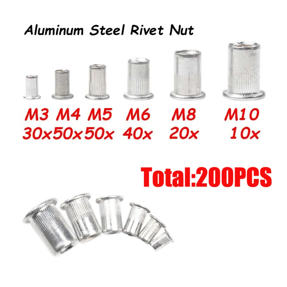 

200Pcs Aluminum Rivet Nuts M3 M4 M5 M6 M8 M10 Flat Head Threaded Rivet Insert Nutsert Cap Rivet Nut Set