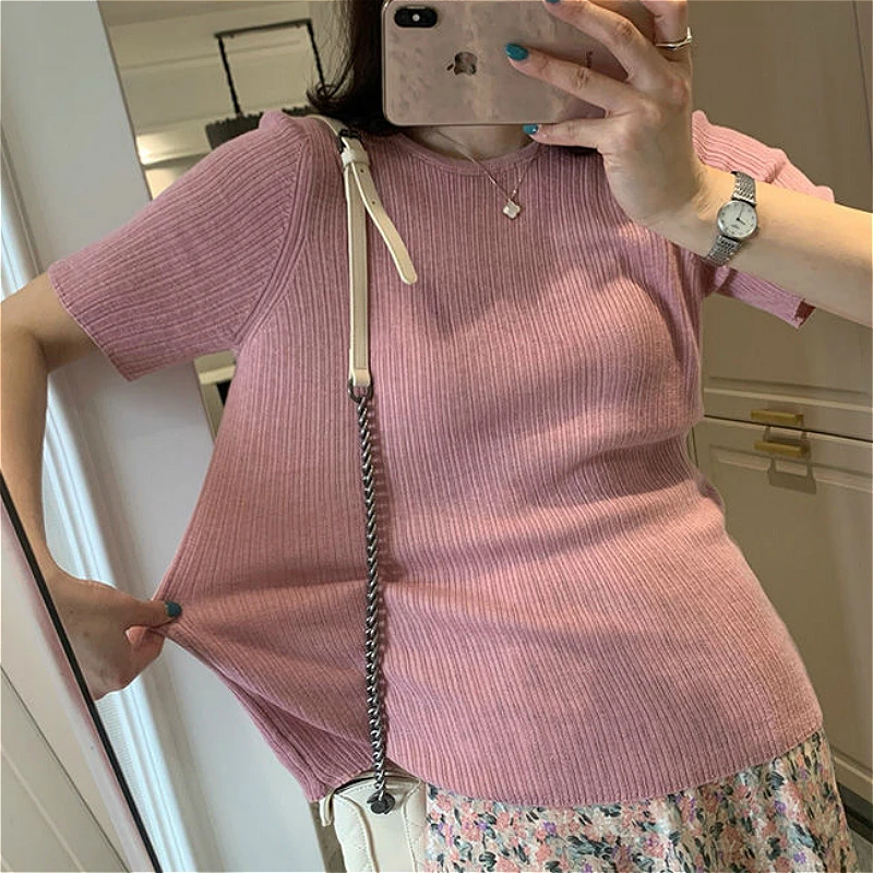 Pullovers Women Knitting Short Sleeve Summer Ice-silk Elegant Solid Chic Korean Slender Fashion Ins Womens Tops Ulzzang Retro
Pullovers Women Knitting Short Sleeve Summer Ice-silk Elegant Solid Chic Korean Slender Fashion Ins Womens Tops Ulzzang Retro