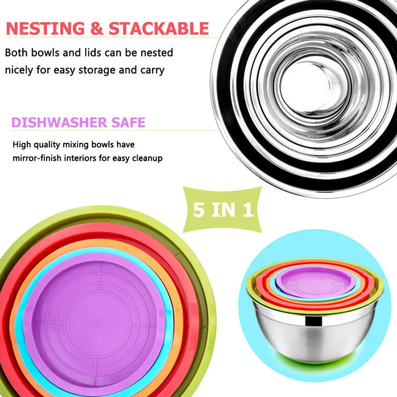5 Pc Stainless Steel Mixing Bowls with Lids Silicone Bottom Nesting Storage Bowls Meal Mixing Prepping Mix Salad Bowl
5 Pc Stainless Steel Mixing Bowls with Lids Silicone Bottom Nesting Storage Bowls Meal Mixing Prepping Mix Salad Bowl