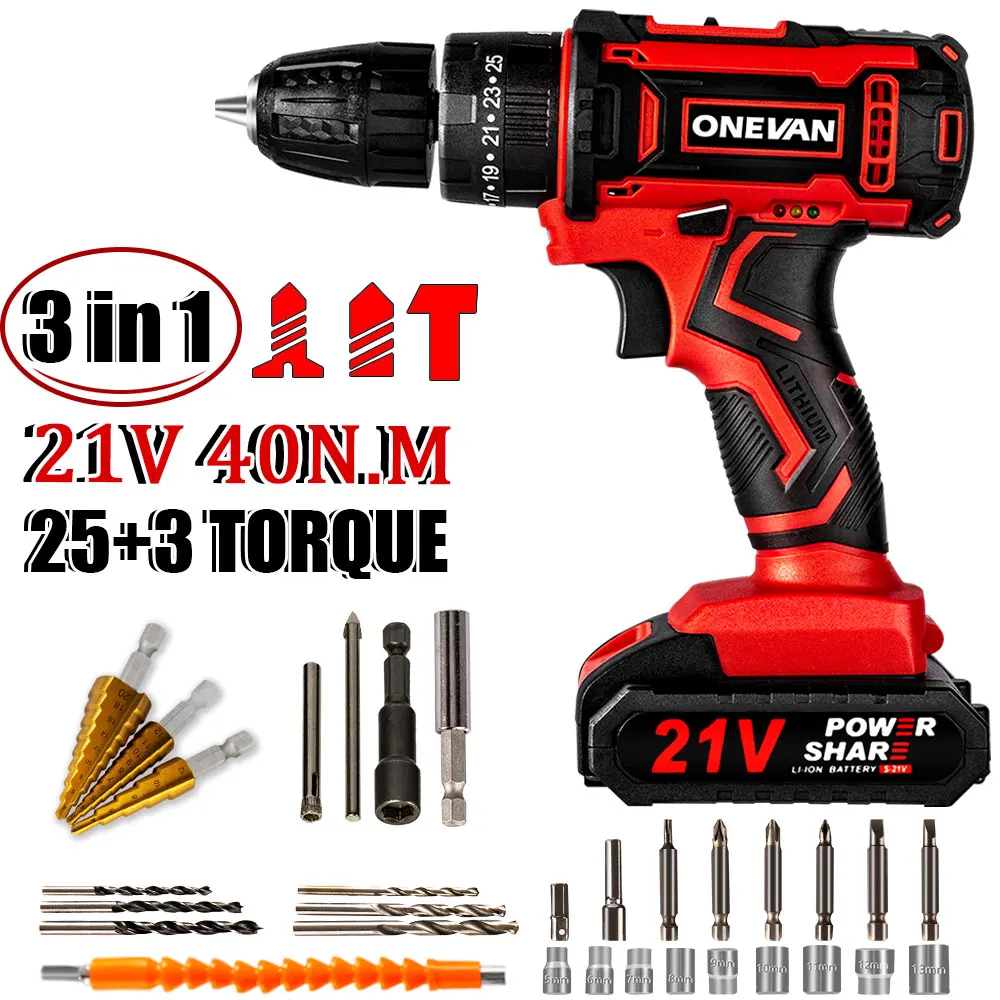 

21V Impact Electric Drill 40N.M Cordless Electric Screwdriver 25+3 Settings 1500mAh Lithium Battery Hammer Dril Power Tool