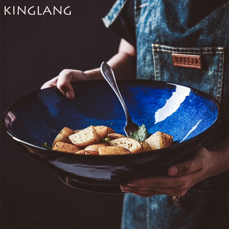 

Kinglang NEW Big Bowl Klin Glaze Ceramic Huge Soup Bowl Large Salad Bowl Japanese Tableware Restaurant Big Fish Plate