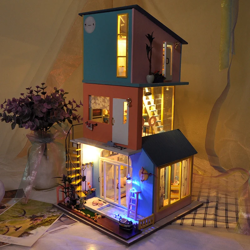 

Набор для сборки кукольного домика из дерева, миниатюрные кукольные домики, миниатюрные игрушки для кукол с мебелью светодиодный светодиод...