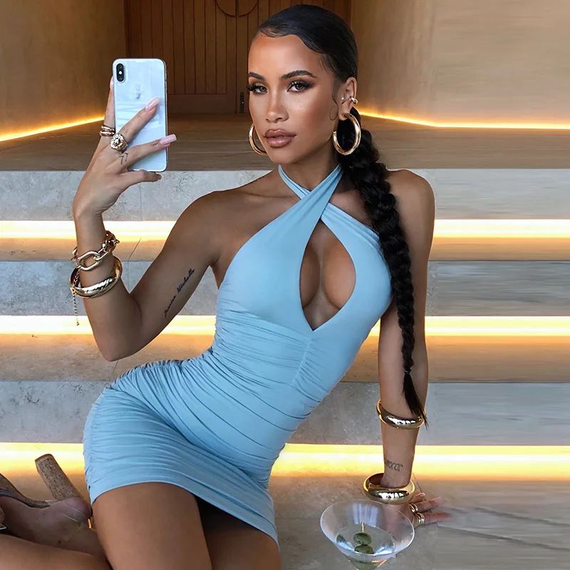 Fashion Solid Ruched Cross Halter Mini Dress Women Elegant Evening Club Parting Bodycon Dresses Chic Cutout Birthday Clothes 
Fashion Solid Ruched Cross Halter Mini Dress Women Elegant Evening Club Parting Bodycon Dresses Chic Cutout Birthday Clothes