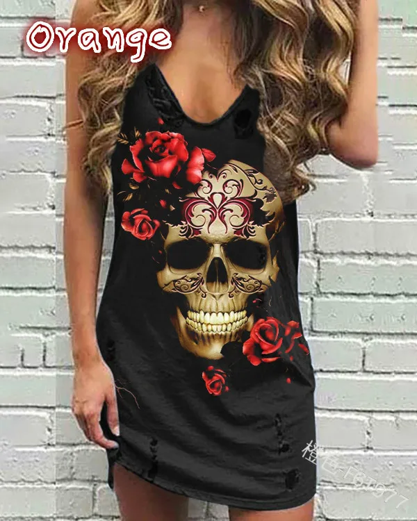 Women Dress Summer Street Hipster Letter Skull Flower Print V-neck Sleeveless Sexy Loose A-line Mid-waist Straight T-shirt Dress
Women Dress Summer Street Hipster Letter Skull Flower Print V-neck Sleeveless Sexy Loose A-line Mid-waist Straight T-shirt Dress