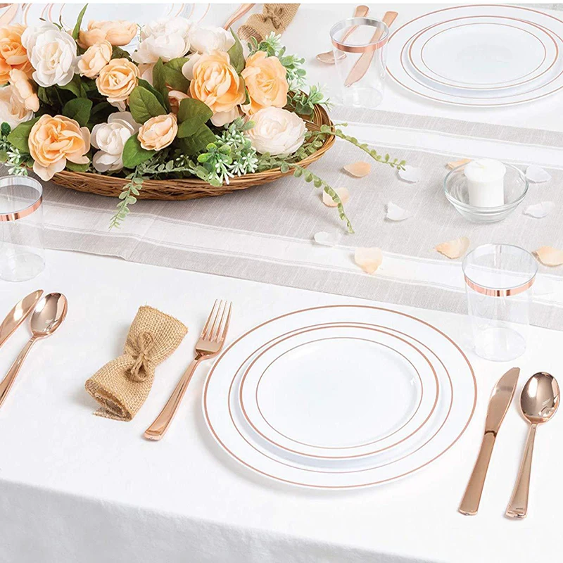 25PCS Disposable Rose Gold Transparent Cup Plastic Dinner Plate Gold Cutlery Set Wedding Party Tableware Knives Forks Spoon Chri
25PCS Disposable Rose Gold Transparent Cup Plastic Dinner Plate Gold Cutlery Set Wedding Party Tableware Knives Forks Spoon Chri