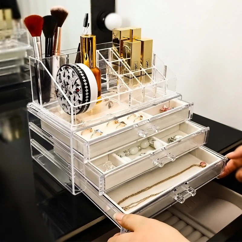 Transparent Acrylic Jewelry Storage Box Make Up Organizer Set Lipstick Necklace Ring Storage 3-layer Flannel Drawer Storage Rack
Transparent Acrylic Jewelry Storage Box Make Up Organizer Set Lipstick Necklace Ring Storage 3-layer Flannel Drawer Storage Rack