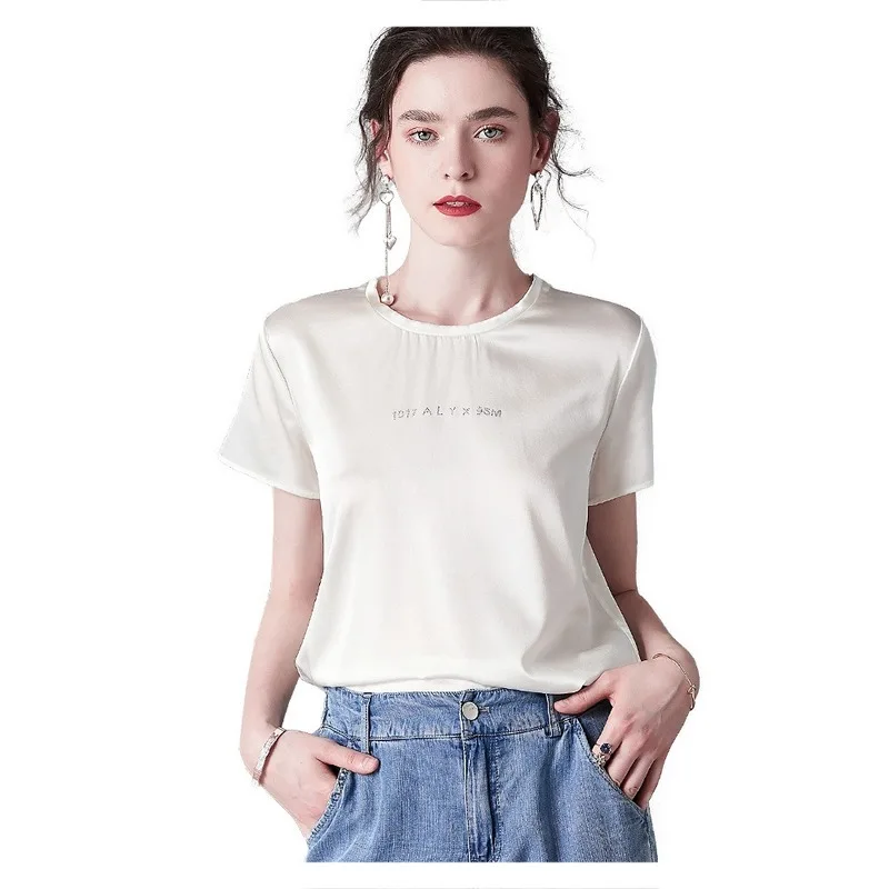 Women's round Neck Short Sleeve Real Silk Spandex Silk Satin Top Women's Letter All-match Simple T-shirt 2020 Fashion New Style 
Women's round Neck Short Sleeve Real Silk Spandex Silk Satin Top Women's Letter All-match Simple T-shirt 2020 Fashion New Style