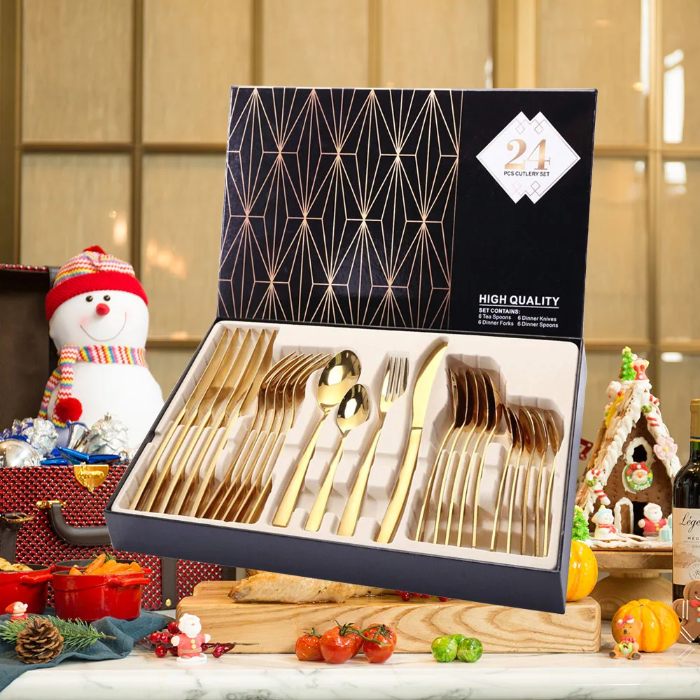 24PCS Tableware Gold Cutlery Set Dishes Dinnerware Knives Forks Spoons Western Kitchen 18/10 Stainless Steel Dinner Gift
24PCS Tableware Gold Cutlery Set Dishes Dinnerware Knives Forks Spoons Western Kitchen 18/10 Stainless Steel Dinner Gift