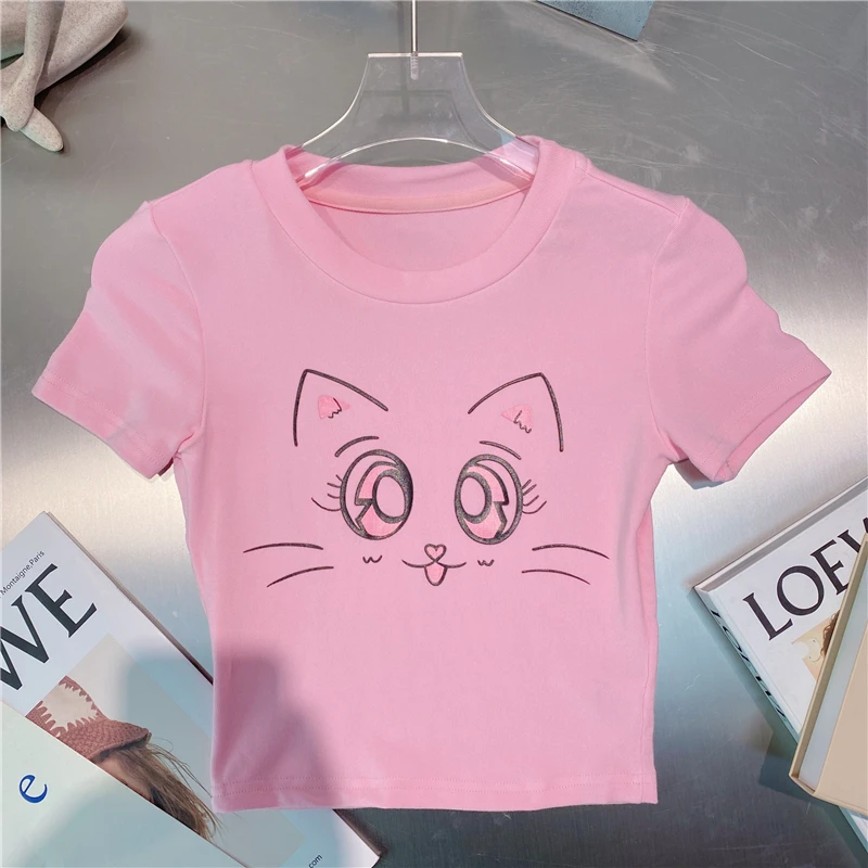 Summer New Fashion Cut Cat Printing Solid Color Short Tee Sweet Slimming Cropped T-shirt for Women All-match Short Sleeve Top
Summer New Fashion Cut Cat Printing Solid Color Short Tee Sweet Slimming Cropped T-shirt for Women All-match Short Sleeve Top