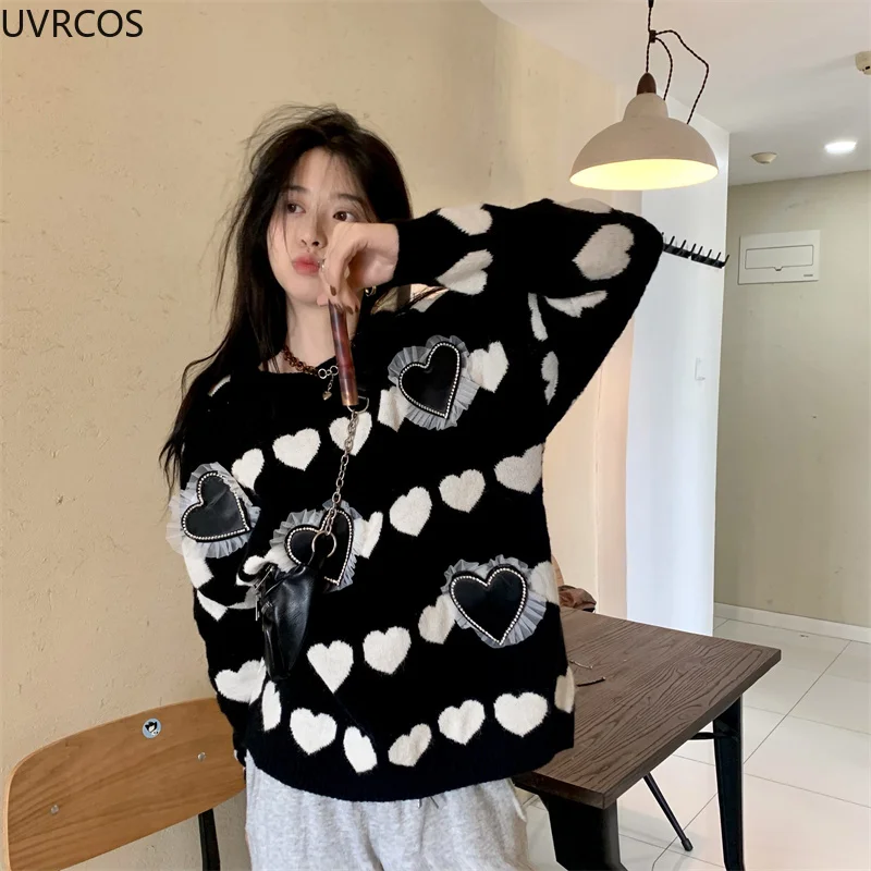 Korean Style Sweet Long Sleeve Knitted Pullovers Women Autumn Tulle Hearts Appliques O-Neck Loose Sweater Harajuku Y2K Outerwear
Korean Style Sweet Long Sleeve Knitted Pullovers Women Autumn Tulle Hearts Appliques O-Neck Loose Sweater Harajuku Y2K Outerwear