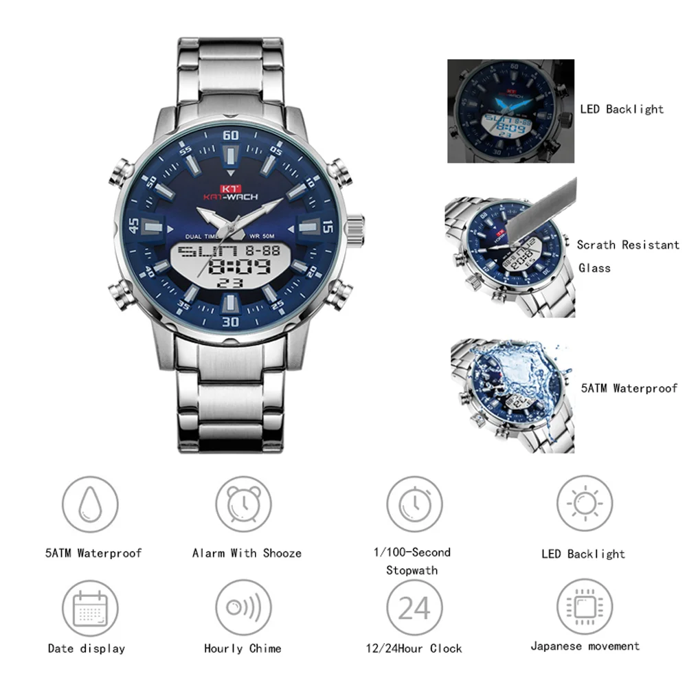 Мужские спортивные цифровые часы KAT WACH 2021 мужские водонепроницаемые стальные