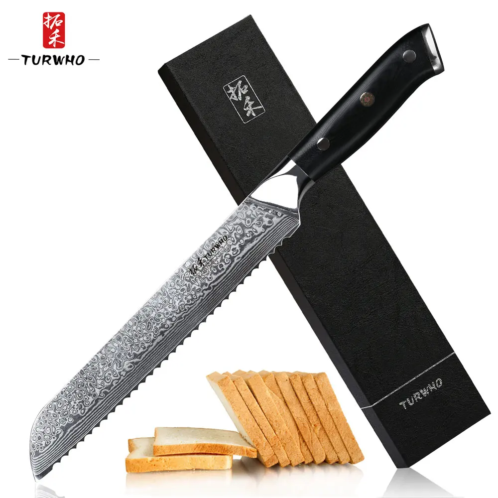 TURWHO 8" inch Bread Knife Stainless Steel 67 Layers Damascus Kitchen Knife VG10 Steel Core Cake Knife with G10 Handle
TURWHO 8" inch Bread Knife Stainless Steel 67 Layers Damascus Kitchen Knife VG10 Steel Core Cake Knife with G10 Handle