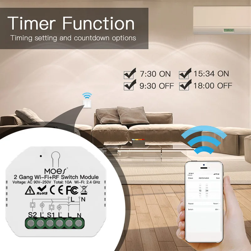 Tuya Smart Light 2 Gang 2 Way WiFi+RF433 Switch Module SmartThings Required APP Remote Control Work With Alexa Google Home
Tuya Smart Light 2 Gang 2 Way WiFi+RF433 Switch Module SmartThings Required APP Remote Control Work With Alexa Google Home