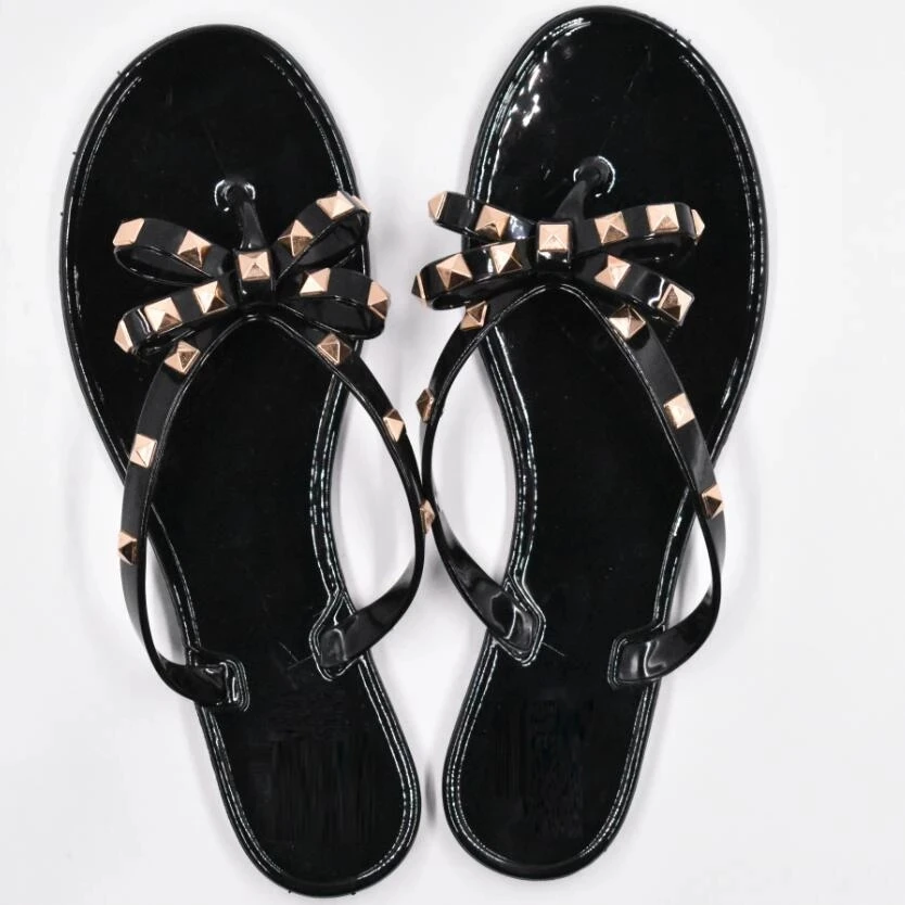 

New 2021 Woman Summer Sandals Rivets big bowknot Flip Flops Beach Sandalias Femininas Flat Jelly Designer Sandals Channel