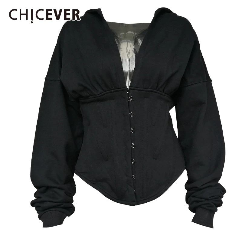 Фото Черная Повседневная Толстовка CHICEVER для женщин с V образным вырезом и длинным