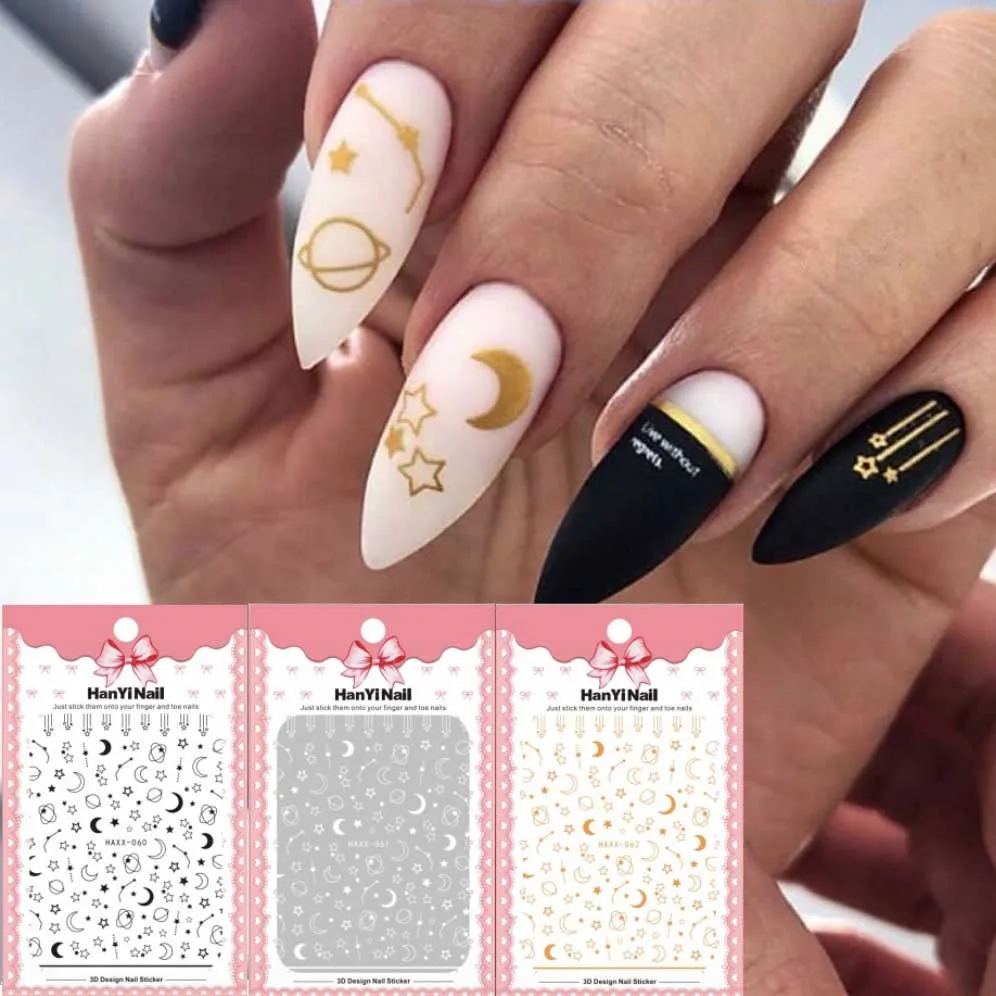 1pcs Moon Star 3D Nail Stickers gold black white self-Adhesive Planet patterns Decals Nail Art Decorations Nail Wraps HX60-62
1pcs Moon Star 3D Nail Stickers gold black white self-Adhesive Planet patterns Decals Nail Art Decorations Nail Wraps HX60-62