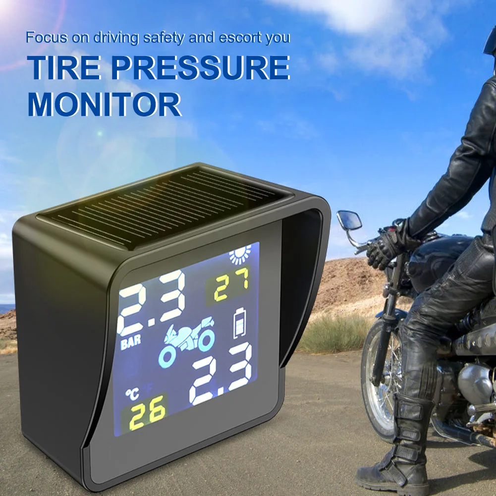 Motorcycle TPMS Tire Pressure Monitoring System Solar Power Digital LCD Tire Pressure Temperature Alarm System with 2 Sensors
Motorcycle TPMS Tire Pressure Monitoring System Solar Power Digital LCD Tire Pressure Temperature Alarm System with 2 Sensors