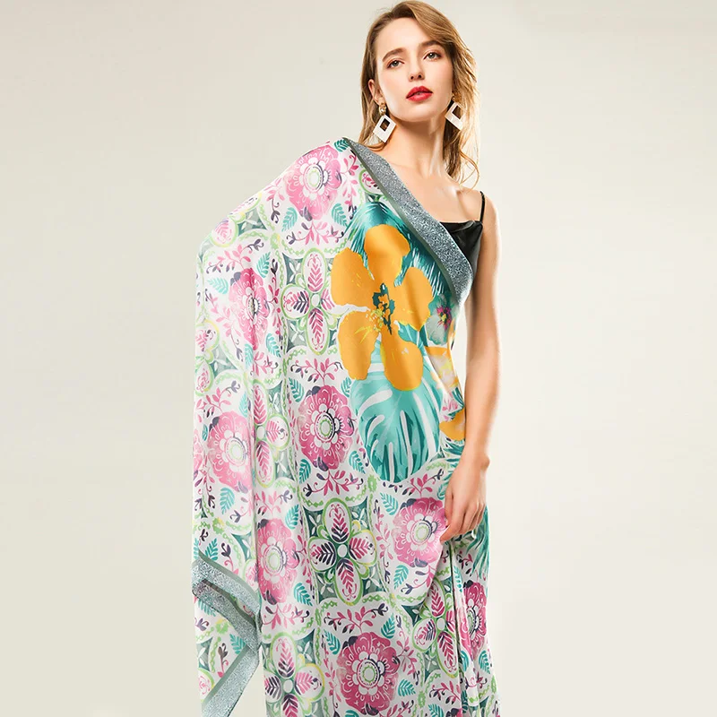 

2021 Women Imitation Silk Scarf National Style Jungle Print Shawls Lady Soft Wraps Female Elegant Headscarf 180x90cm