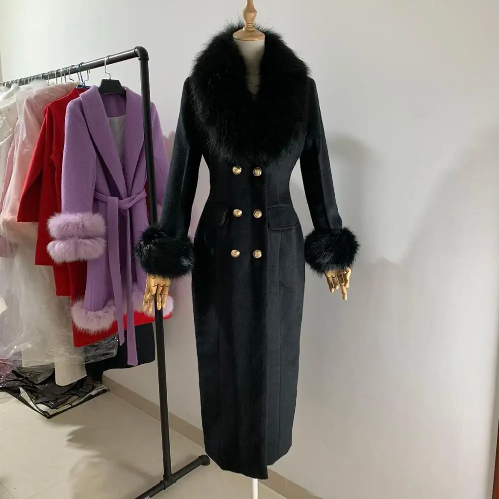 Winter fashion women woolen coat high imitation big fox fur collar black cashmere coat female double breasted slim outwear
Winter fashion women woolen coat high imitation big fox fur collar black cashmere coat female double breasted slim outwear